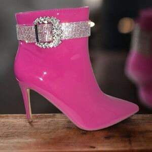 Pink Ankle Boots with Rhinestone Buckle